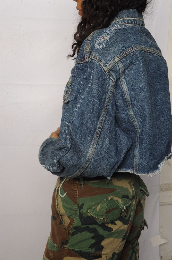 Distressed Cropped Denim Jacket Free Shipping - The Vintage Twin